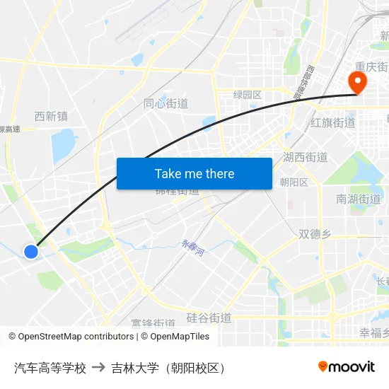 汽车高等学校 to 吉林大学（朝阳校区） map