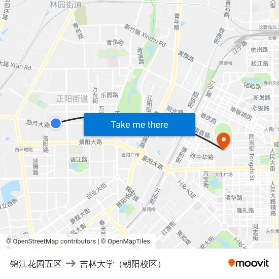 锦江花园五区 to 吉林大学（朝阳校区） map