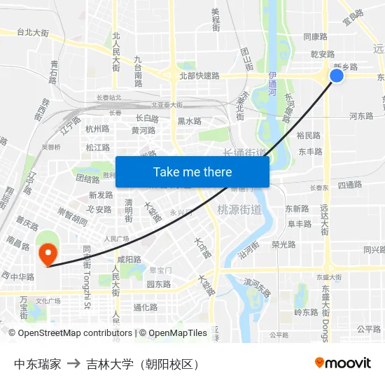 中东瑞家 to 吉林大学（朝阳校区） map