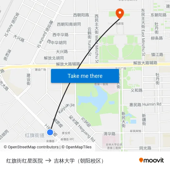 红旗街红星医院 to 吉林大学（朝阳校区） map