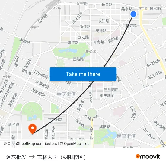 远东批发 to 吉林大学（朝阳校区） map