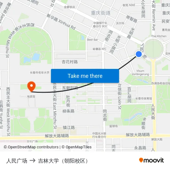 人民广场 to 吉林大学（朝阳校区） map