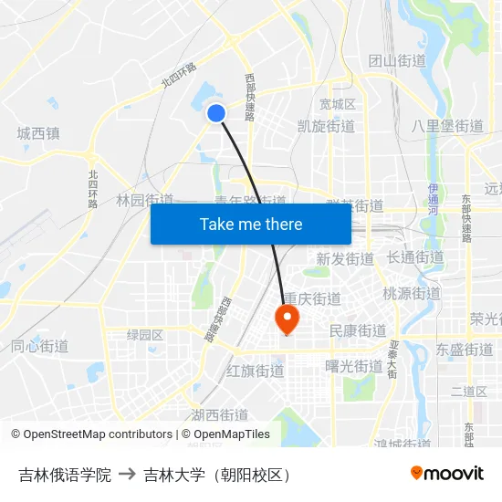 吉林俄语学院 to 吉林大学（朝阳校区） map