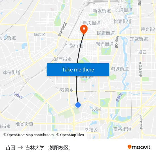 苗圃 to 吉林大学（朝阳校区） map