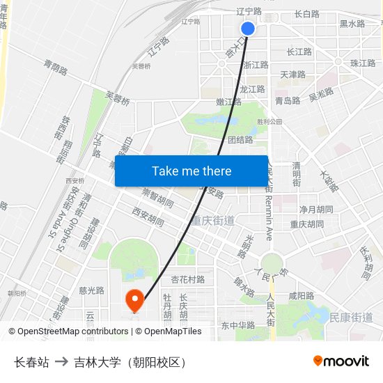 长春站 to 吉林大学（朝阳校区） map