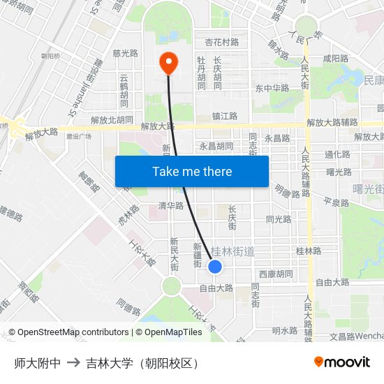 师大附中 to 吉林大学（朝阳校区） map