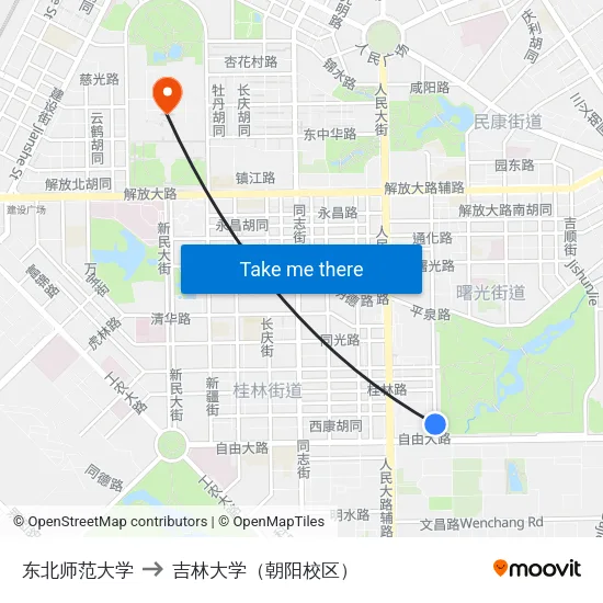 东北师范大学 to 吉林大学（朝阳校区） map