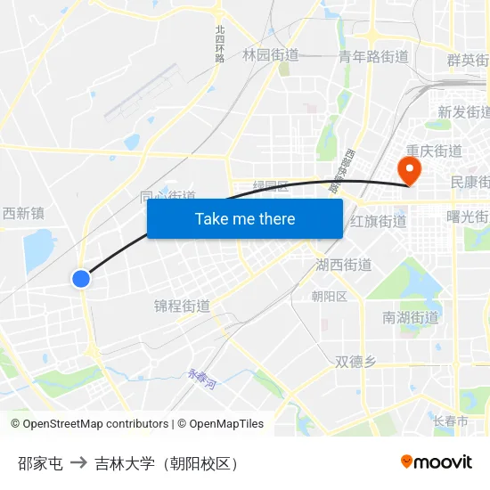 邵家屯 to 吉林大学（朝阳校区） map