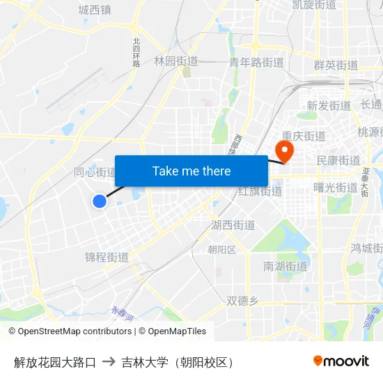 解放花园大路口 to 吉林大学（朝阳校区） map