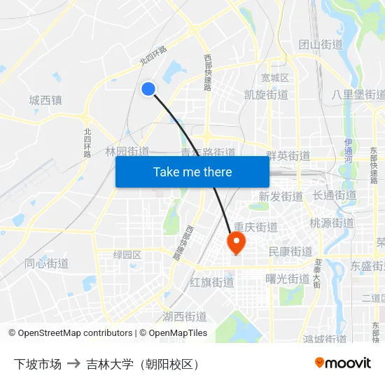 下坡市场 to 吉林大学（朝阳校区） map