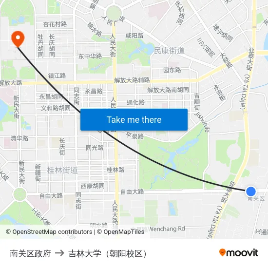 南关区政府 to 吉林大学（朝阳校区） map