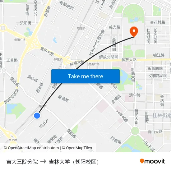 吉大三院分院 to 吉林大学（朝阳校区） map