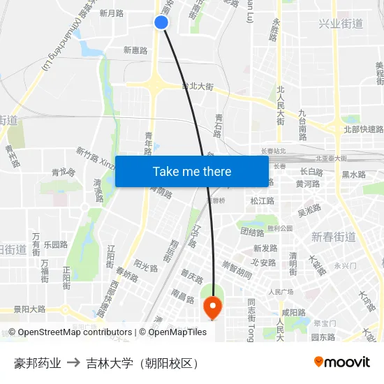 豪邦药业 to 吉林大学（朝阳校区） map