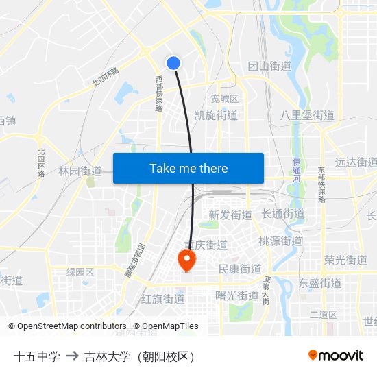 十五中学 to 吉林大学（朝阳校区） map