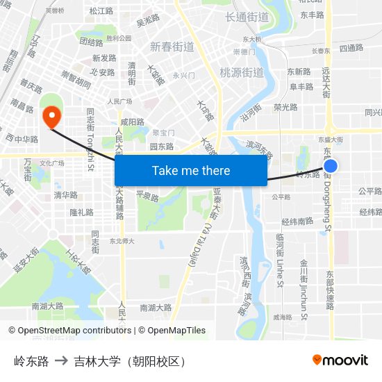 岭东路 to 吉林大学（朝阳校区） map