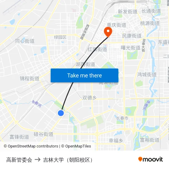 高新管委会 to 吉林大学（朝阳校区） map