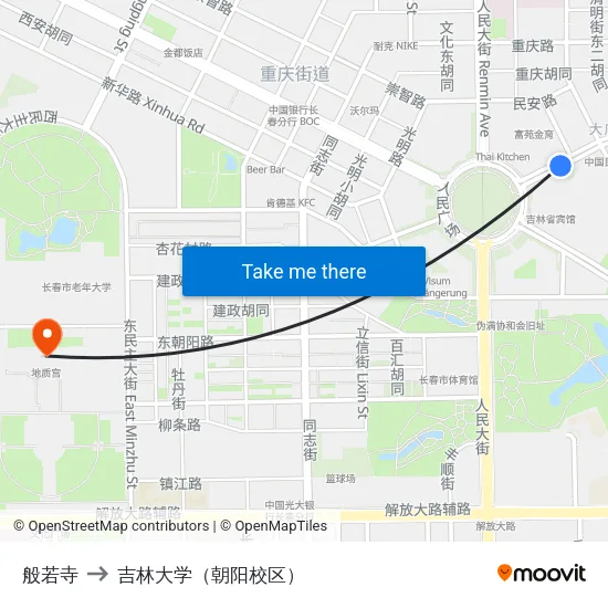 般若寺 to 吉林大学（朝阳校区） map