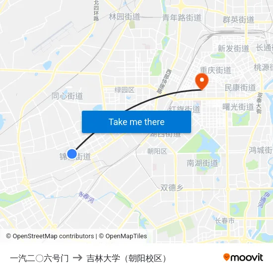 一汽二〇六号门 to 吉林大学（朝阳校区） map