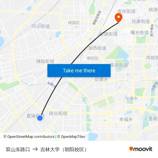 双山东路口 to 吉林大学（朝阳校区） map