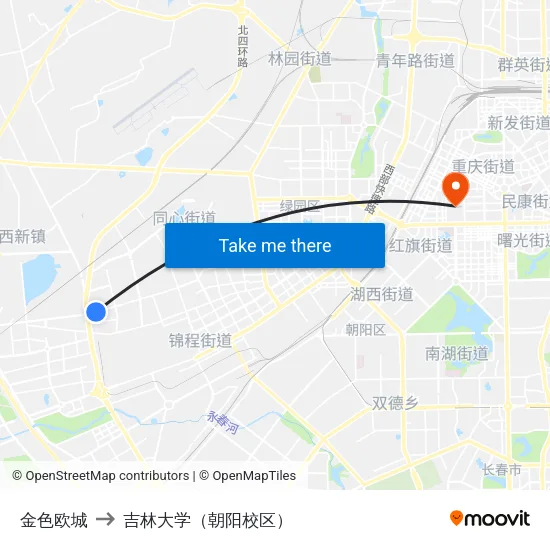 金色欧城 to 吉林大学（朝阳校区） map