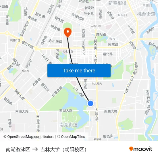 南湖游泳区 to 吉林大学（朝阳校区） map