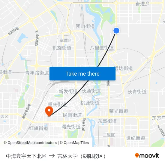 中海寰宇天下北区 to 吉林大学（朝阳校区） map