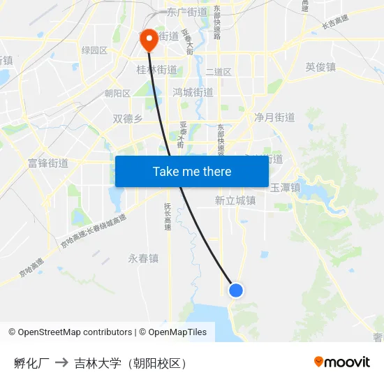 孵化厂 to 吉林大学（朝阳校区） map