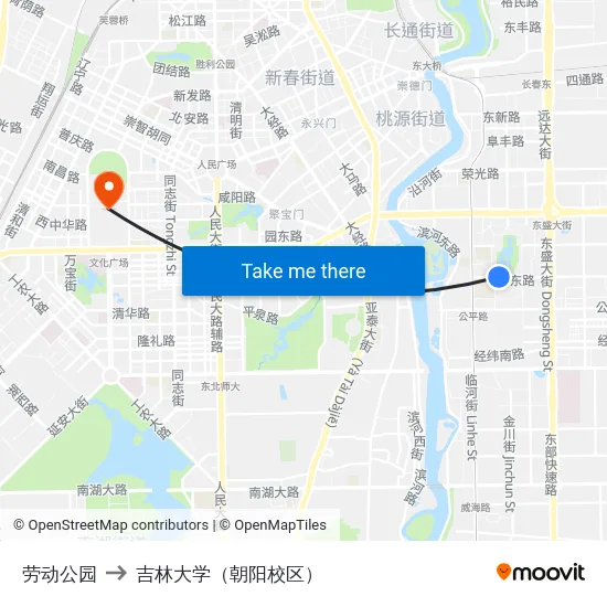 劳动公园 to 吉林大学（朝阳校区） map