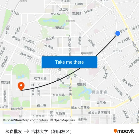 永春批发 to 吉林大学（朝阳校区） map