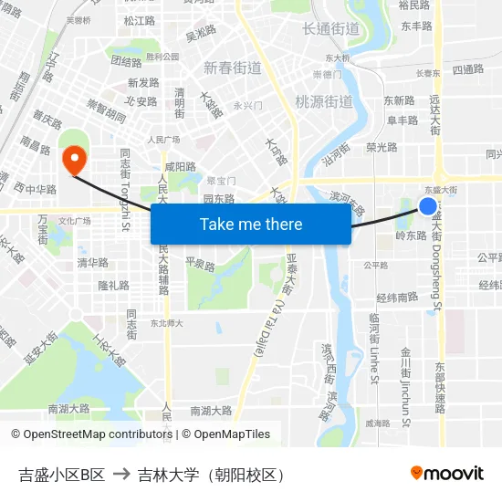 吉盛小区B区 to 吉林大学（朝阳校区） map