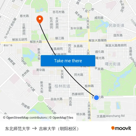 东北师范大学 to 吉林大学（朝阳校区） map
