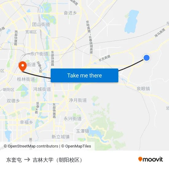 东套屯 to 吉林大学（朝阳校区） map