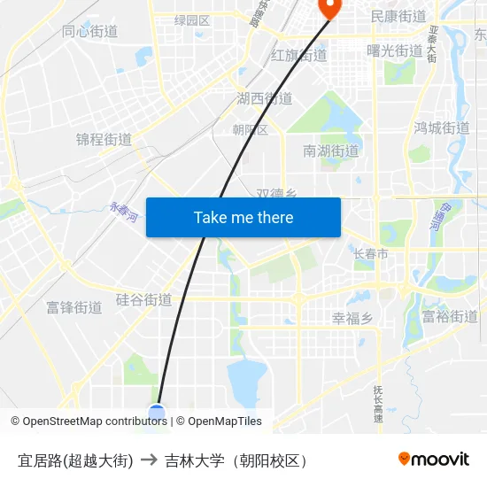 宜居路(超越大街) to 吉林大学（朝阳校区） map
