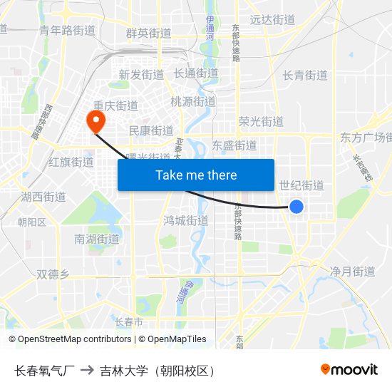 长春氧气厂 to 吉林大学（朝阳校区） map