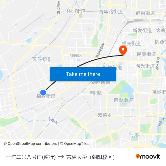 一汽二〇八号门(南行) to 吉林大学（朝阳校区） map
