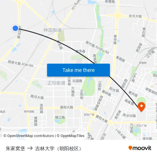 朱家窝堡 to 吉林大学（朝阳校区） map