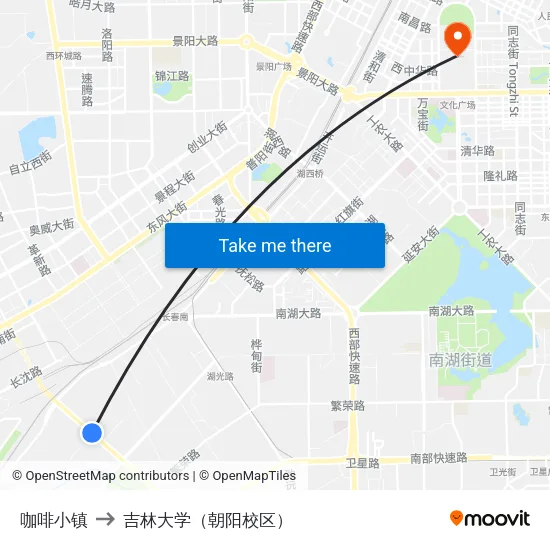 咖啡小镇 to 吉林大学（朝阳校区） map