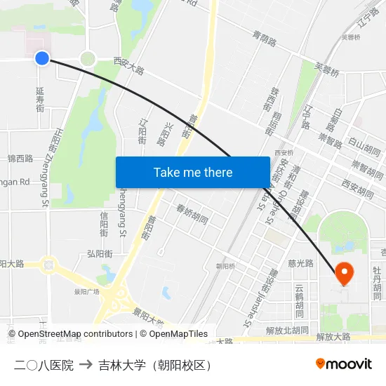 二〇八医院 to 吉林大学（朝阳校区） map