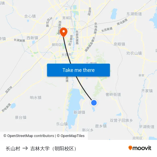 长山村 to 吉林大学（朝阳校区） map