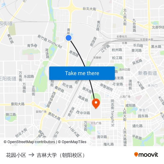 花园小区 to 吉林大学（朝阳校区） map