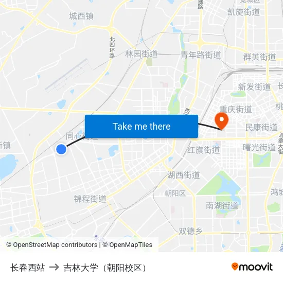 长春西站 to 吉林大学（朝阳校区） map