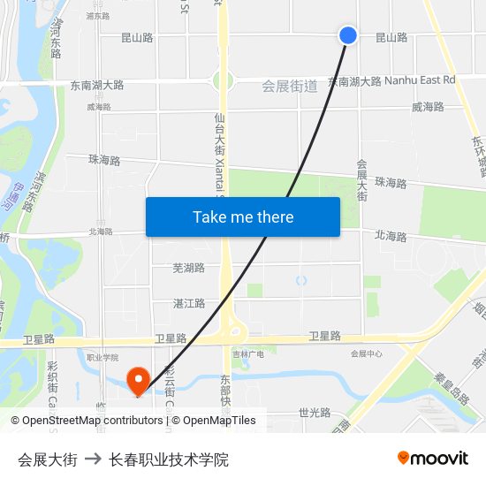 会展大街 to 长春职业技术学院 map