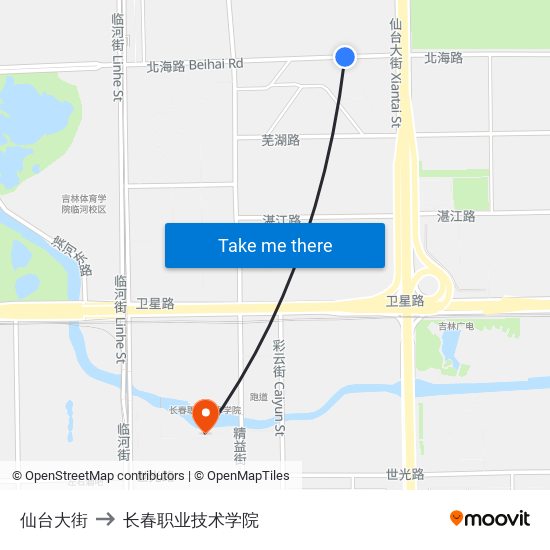 仙台大街 to 长春职业技术学院 map