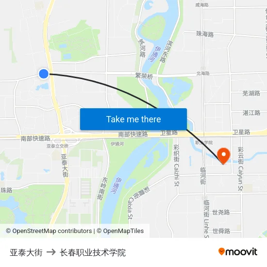 亚泰大街 to 长春职业技术学院 map