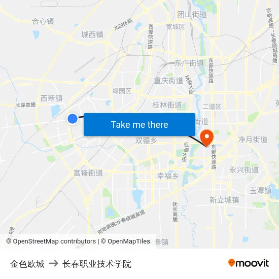 金色欧城 to 长春职业技术学院 map