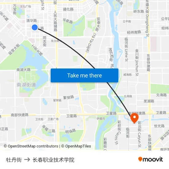 牡丹街 to 长春职业技术学院 map