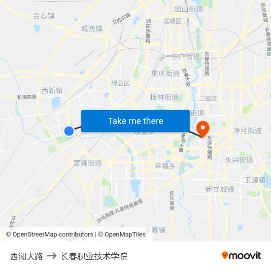 西湖大路 to 长春职业技术学院 map