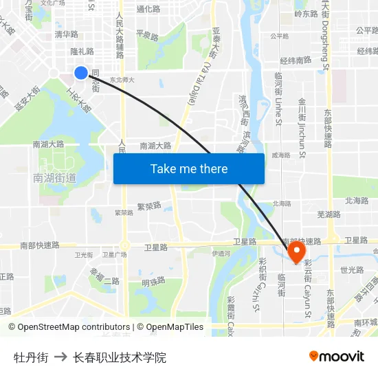 牡丹街 to 长春职业技术学院 map