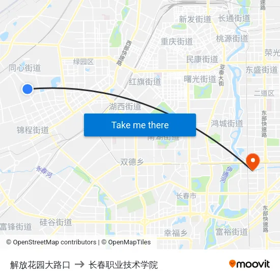 解放花园大路口 to 长春职业技术学院 map