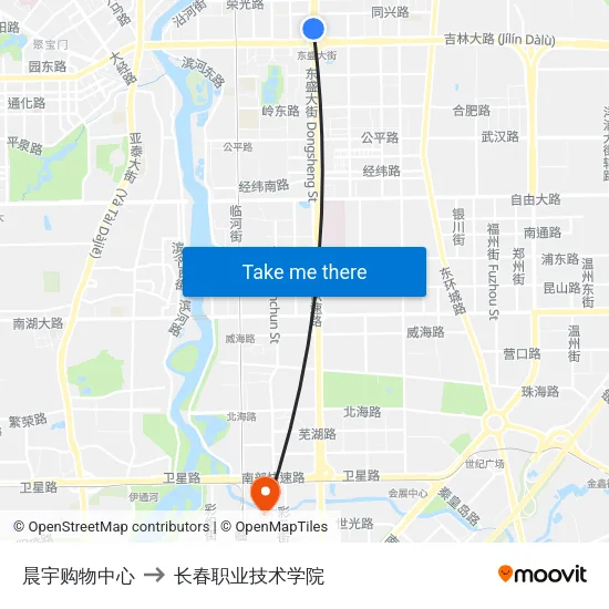 晨宇购物中心 to 长春职业技术学院 map